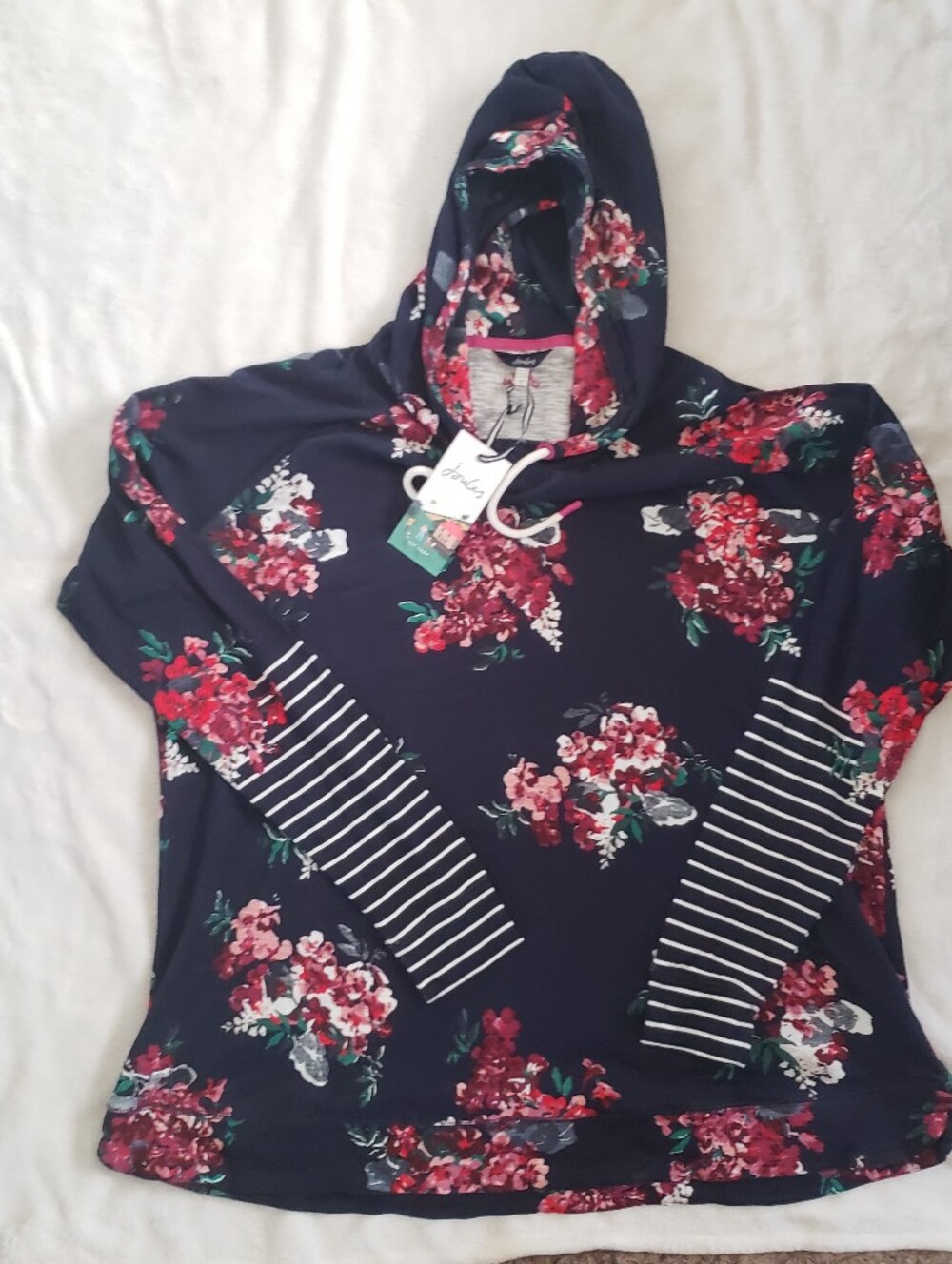 Joules Marlston Lightweight Hoodie NWT US 20 Navy Floral Striped Accent